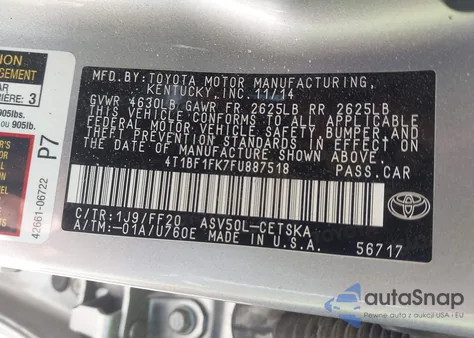 2015 Toyota Camry Se from USA, damaged, VIN 4T1BF1FK7FU887518